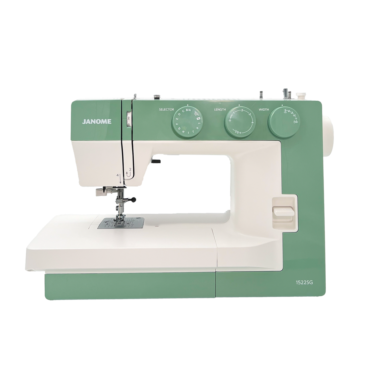 Green and white Janome sewing machine on a white background