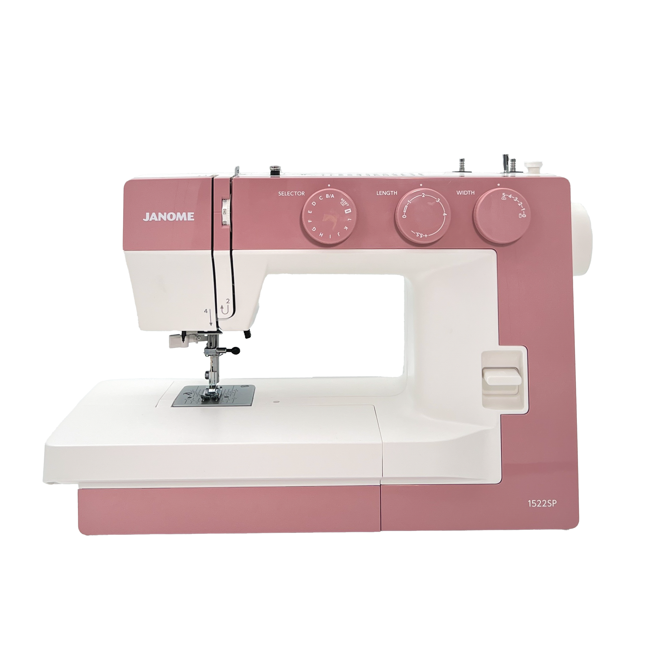 Pink and white Janome sewing machine on a white background