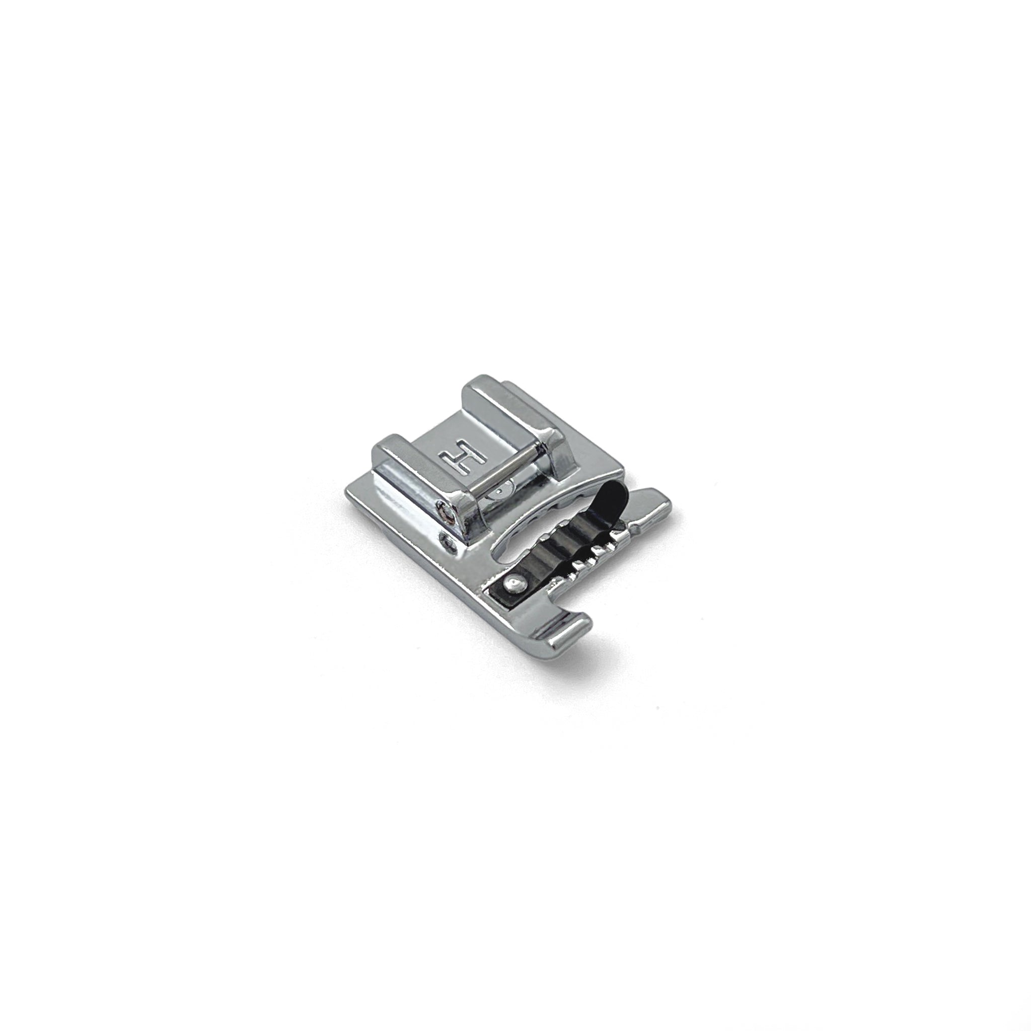 A small metallic sewing foot with a polished silver finish and black adjustment knobs, shown on a clean white background.