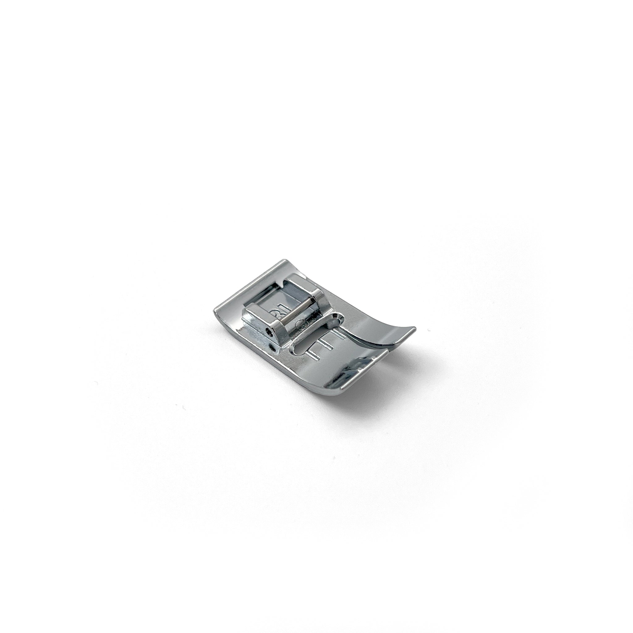A small metallic sewing foot with a polished steel finish, shown on a clean white background with a soft shadow.